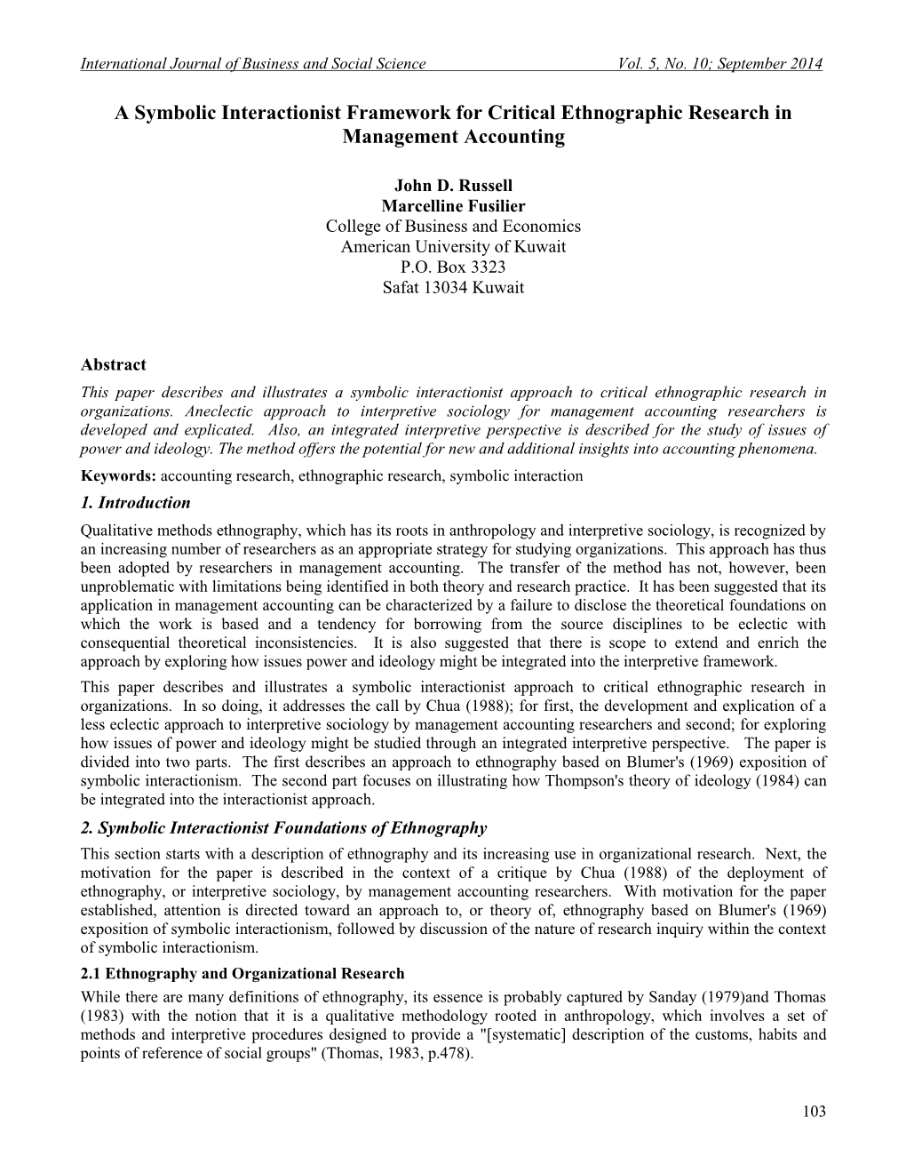 A Symbolic Interactionist Framework for Critical Ethnographic Research in Management Accounting