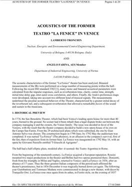 ACOUSTICS of the FORMER TEATRO "LA FENICE" in VENICE Pagina 1 Di 20