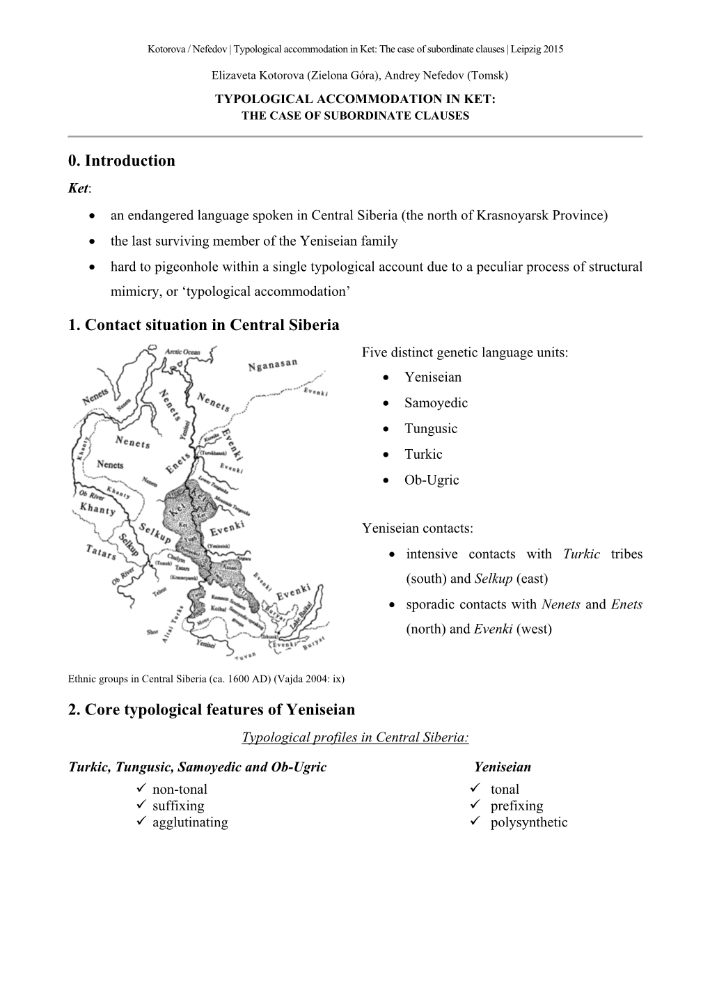 0. Introduction 1. Contact Situation in Central Siberia 2. Core Typological