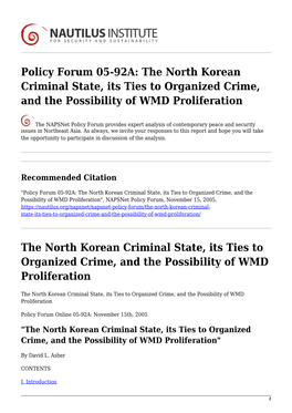 The North Korean Criminal State, Its Ties to Organized Crime, and the Possibility of WMD Proliferation