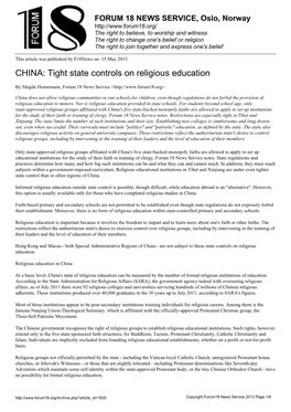 CHINA: Tight State Controls on Religious Education