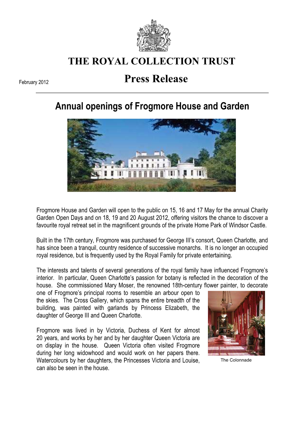 Press Release Annual Opening of Frogmore House and Garden 2012