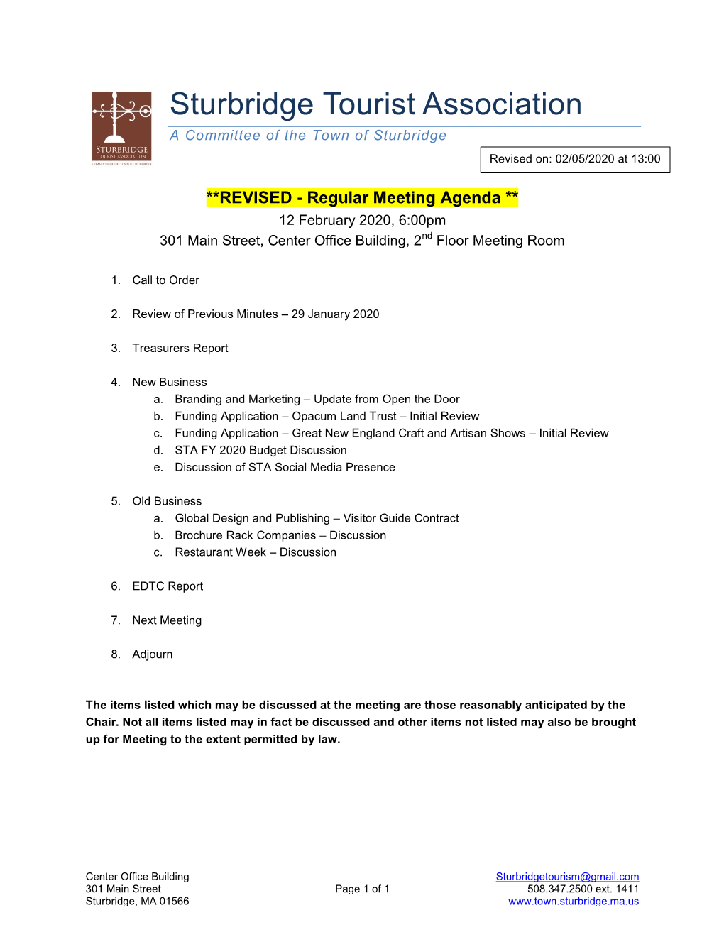 Sturbridge Tourist Association a Committee of the Town of Sturbridge Revised On: 02/05/2020 at 13:00