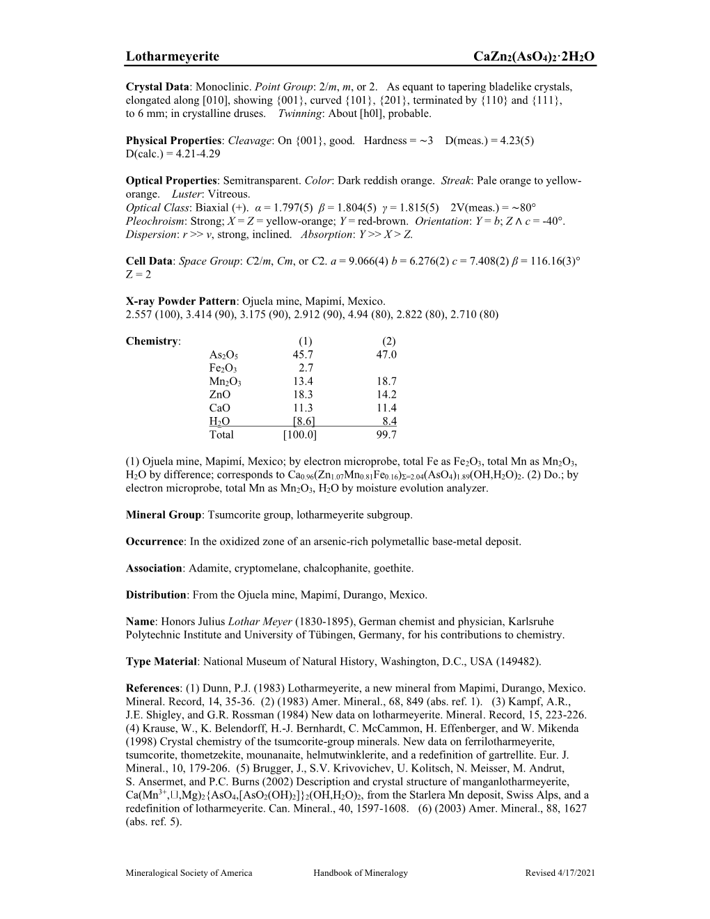 Lotharmeyerite Cazn2(Aso4)2·2H2O