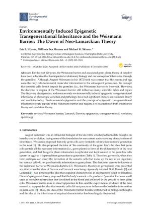 Environmentally Induced Epigenetic Transgenerational Inheritance and the Weismann Barrier: the Dawn of Neo-Lamarckian Theory