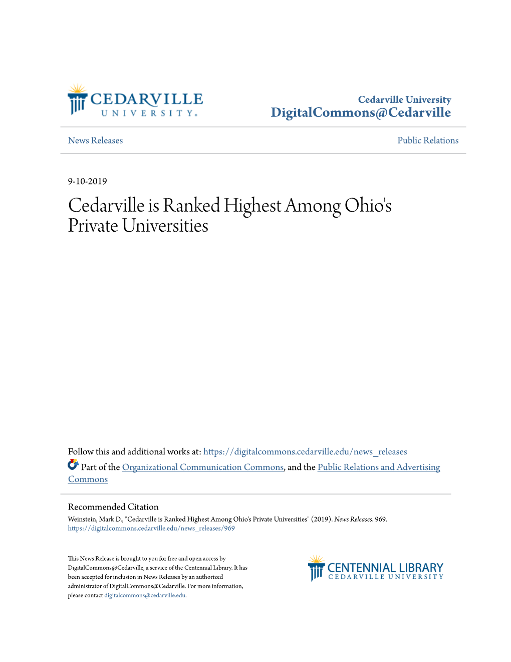 Cedarville Is Ranked Highest Among Ohio's Private Universities