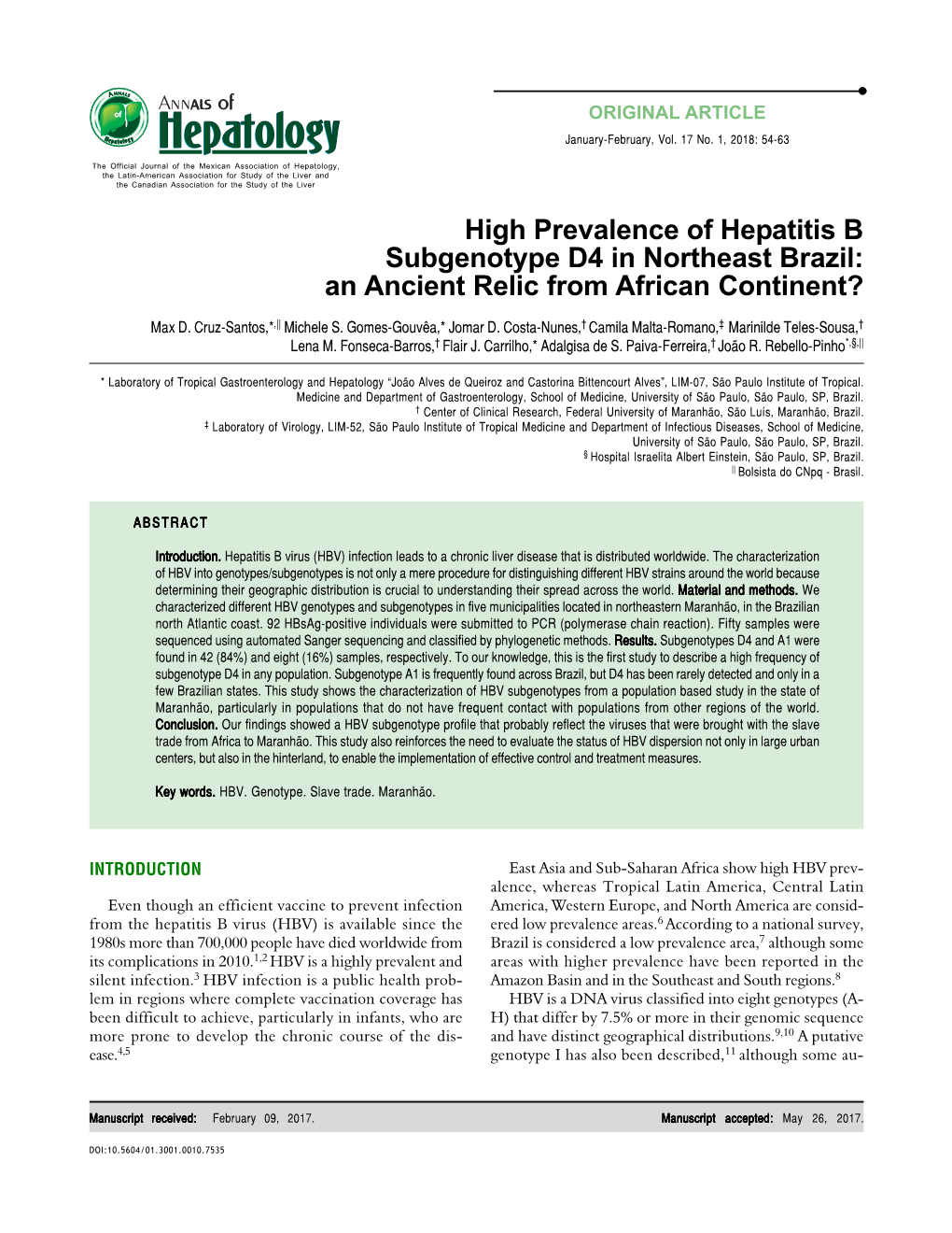 High Prevalence of Hepatitis B Subgenotype D4 in Northeast Brazil: an Ancient Relic from African Continent?