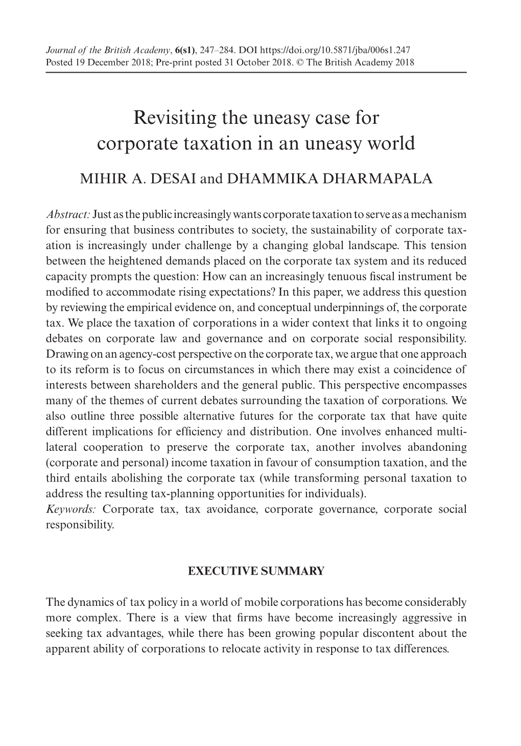 Revisiting the Uneasy Case for Corporate Taxation in an Uneasy World