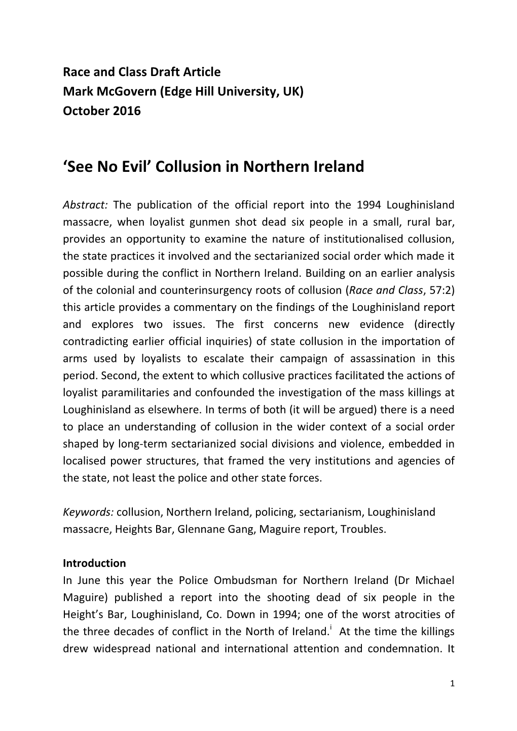 'See No Evil' Collusion in Northern Ireland