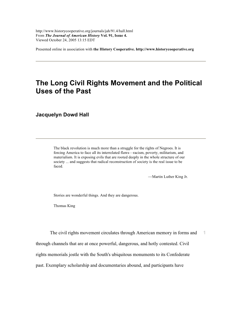 The Long Civil Rights Movement and the Political Uses of the Past