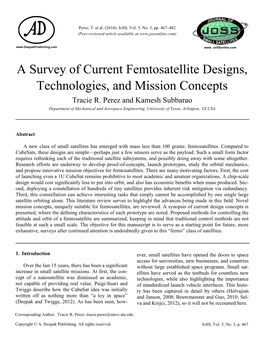 A Survey of Current Femtosatellite Designs, Technologies, and Mission Concepts Tracie R