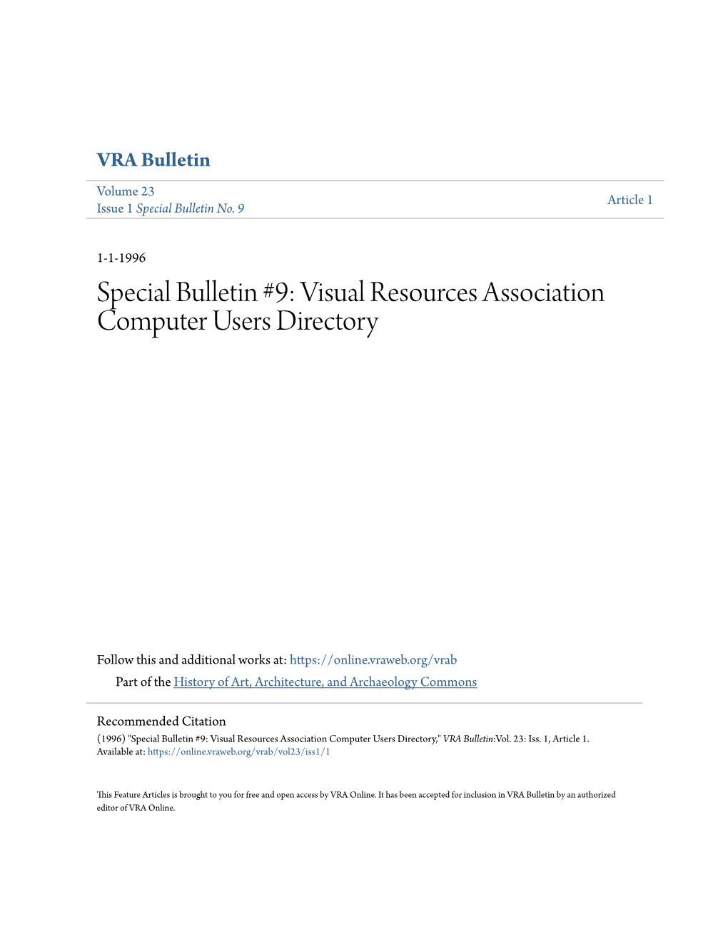 Special Bulletin #9: Visual Resources Association Computer Users Directory