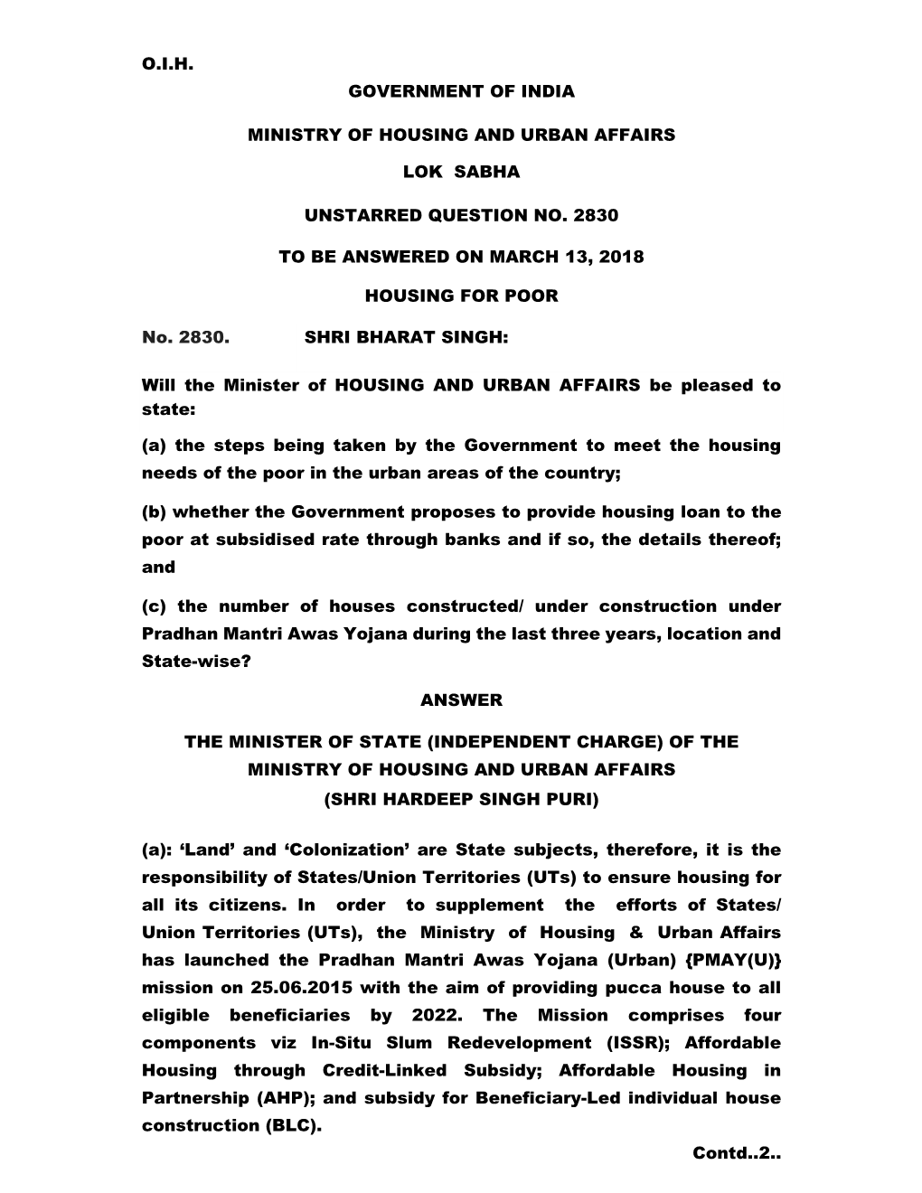 O.I.H. Government of India Ministry of Housing and Urban Affairs Lok Sabha Unstarred Question No. 2830 to Be Answered on March