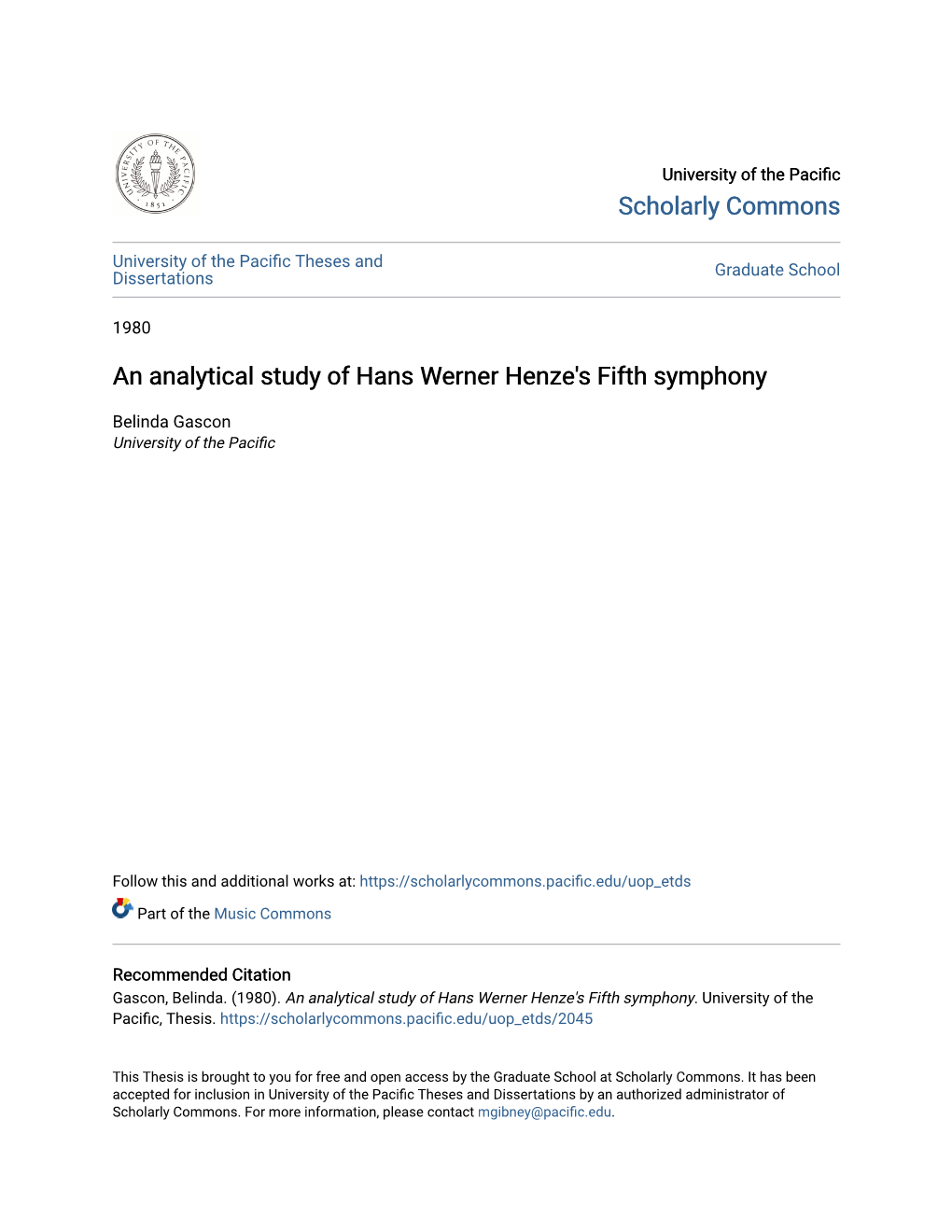 An Analytical Study of Hans Werner Henze's Fifth Symphony