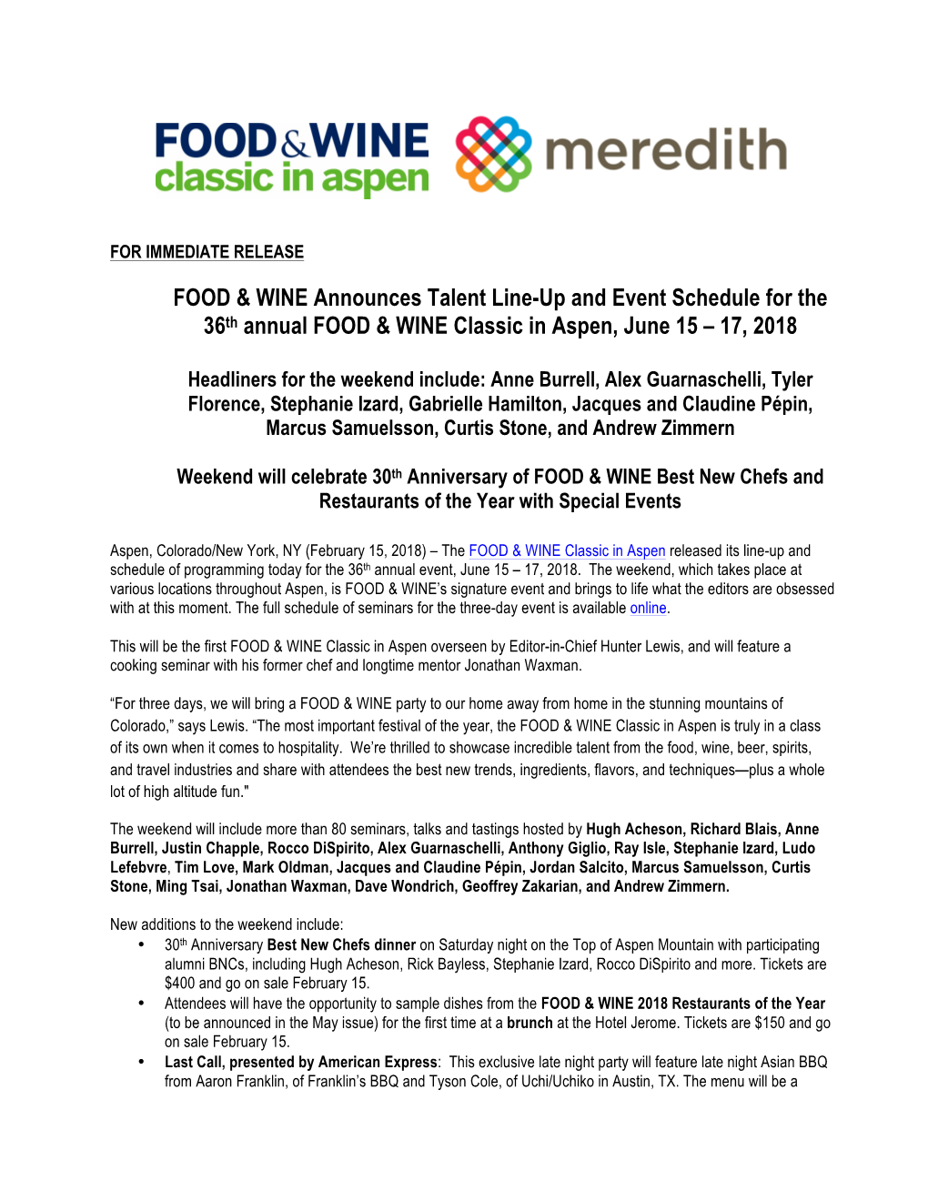 FOOD & WINE Announces Talent Line-Up and Event Schedule for The