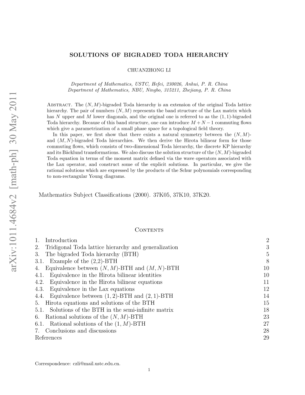 Arxiv:1011.4684V2 [Math-Ph] 30 May 2011 Orsodne Czli@Mail.Ustc.Edu.Cn