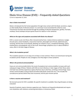 Ebola Virus Disease (EVD) – Frequently Asked Questions Current to September 22, 2016