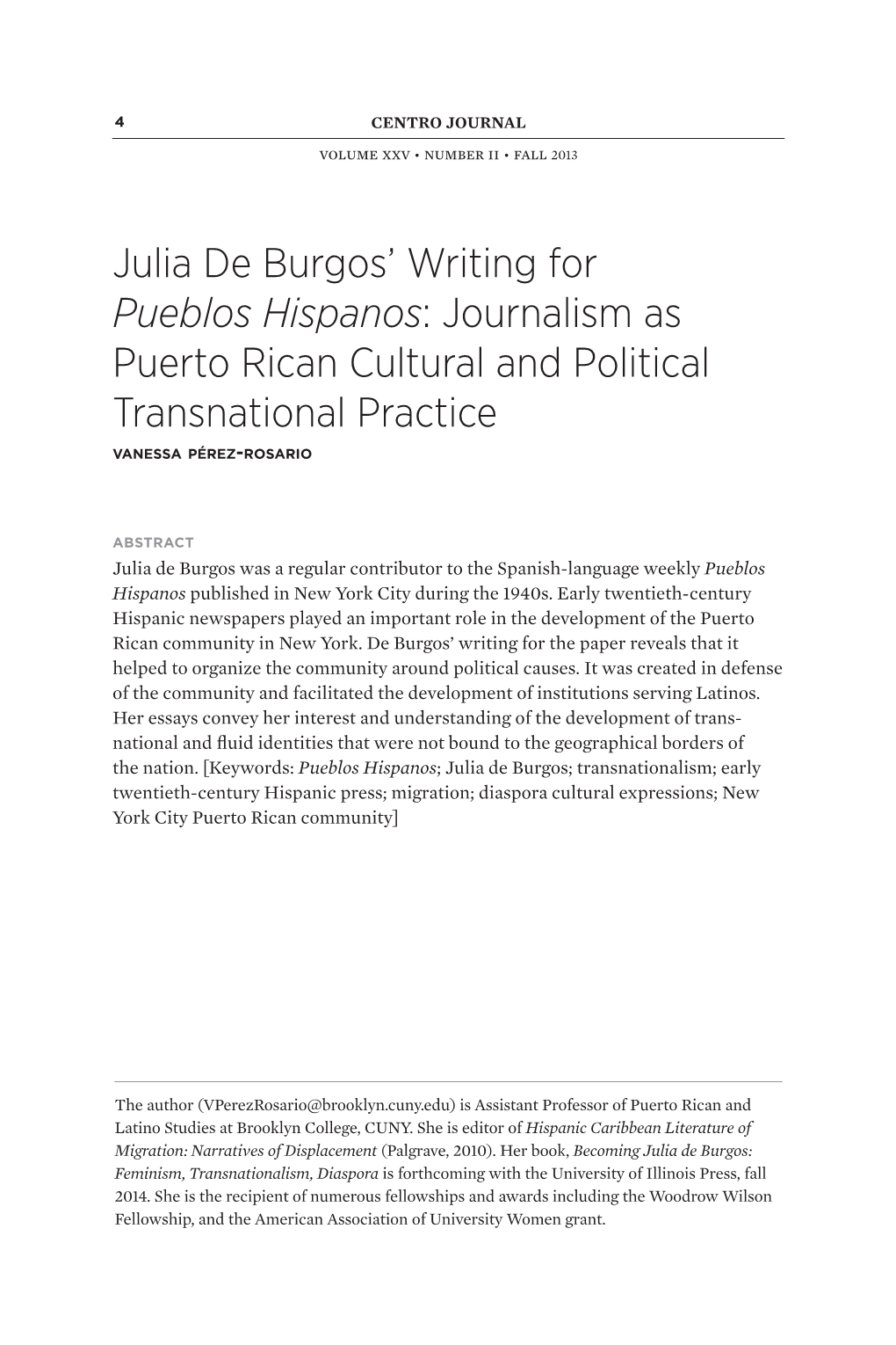 Julia De Burgos' Writing for Pueblos Hispanos: Journalism As Puerto