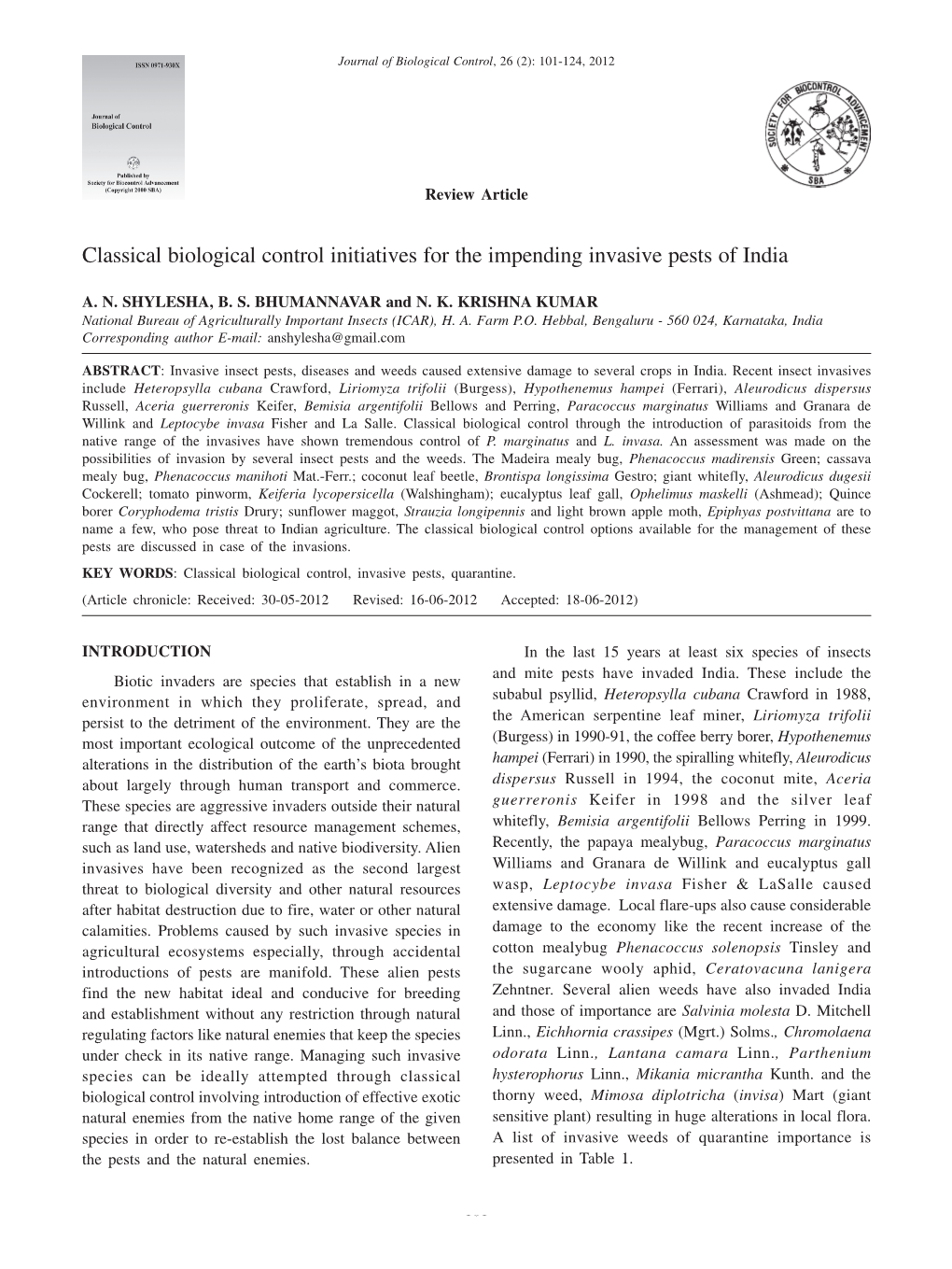 Classical Biological Control Initiatives For The Impending Invasive ...