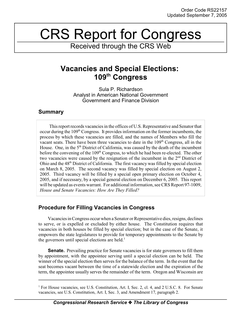 Vacancies and Special Elections: 109Th Congress