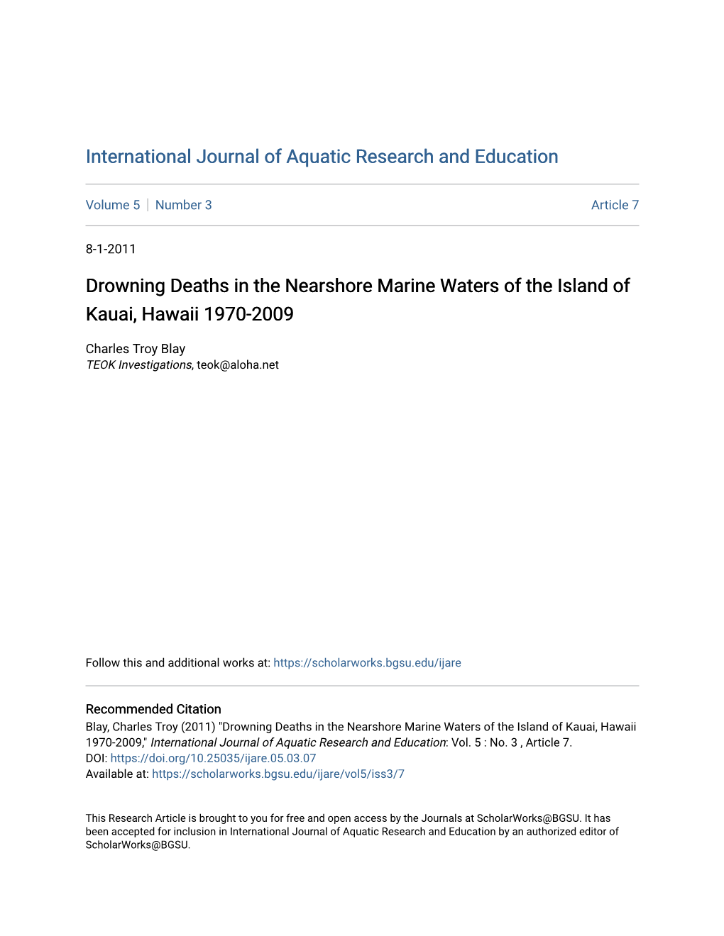 Drowning Deaths in the Nearshore Marine Waters of the Island of Kauai, Hawaii 1970-2009