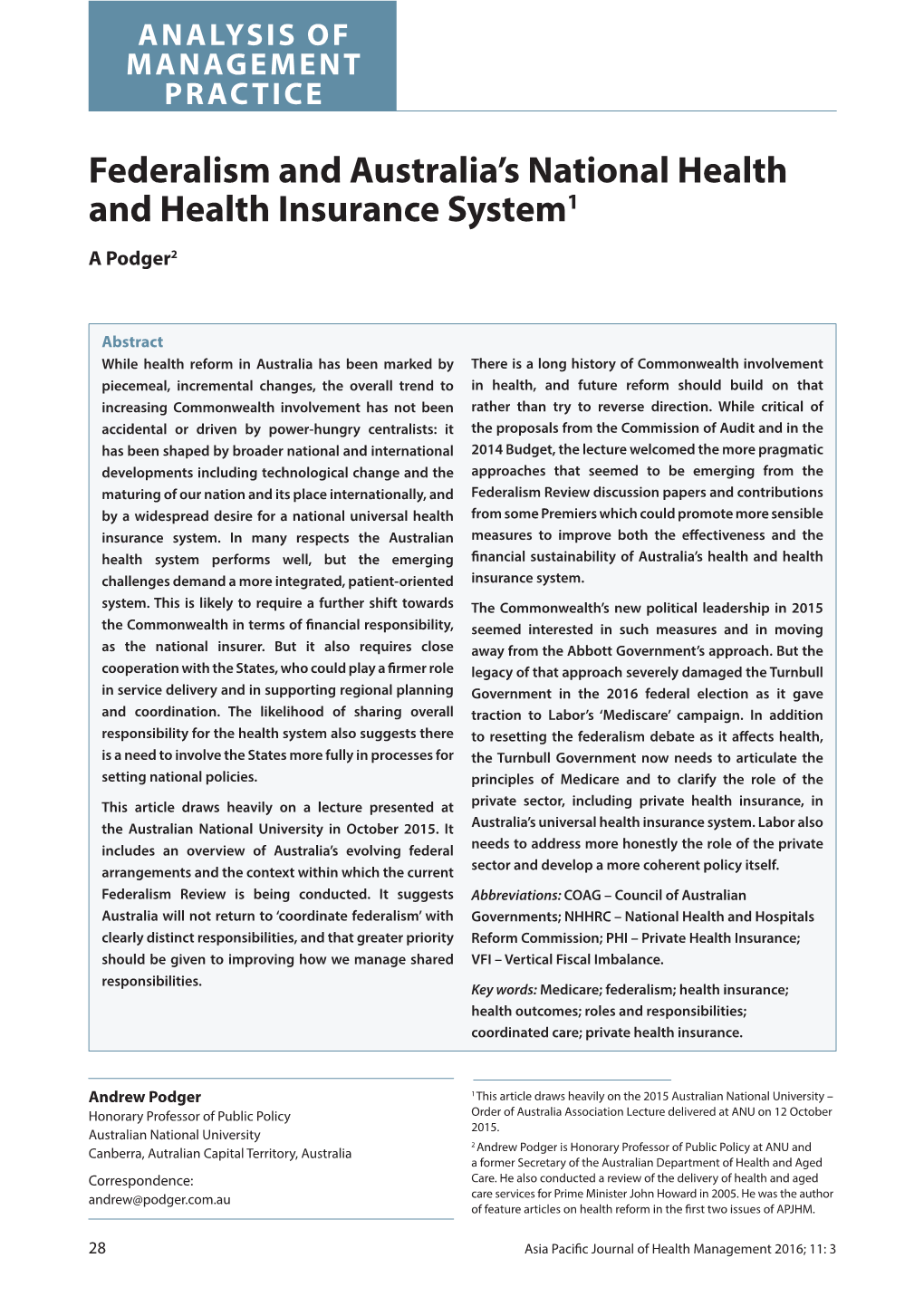 Federalism and Australia's National Health and Health Insurance System1