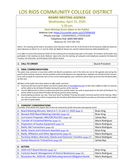 BOARD MEETING AGENDA Wednesday, April 15, 2020 5:30 Pm