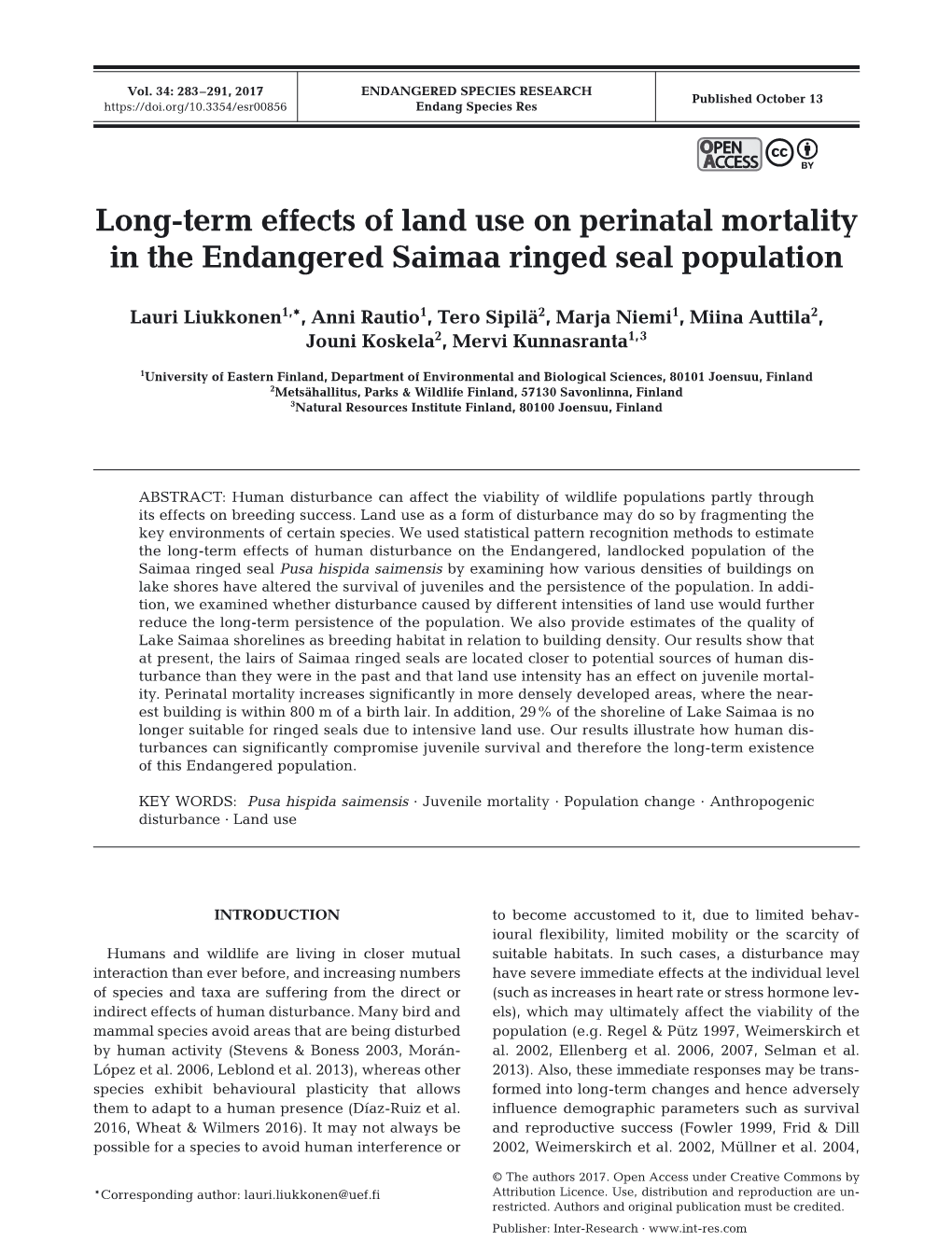 Long-Term Effects of Land Use on Perinatal Mortality in the Endangered Saimaa Ringed Seal Population