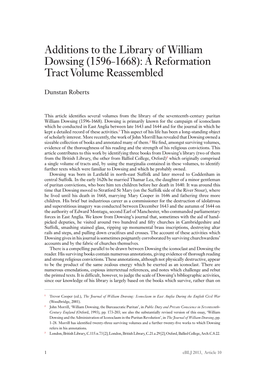 Additions to the Library of William Dowsing (1596-1668): a Reformation Tract Volume Reassembled