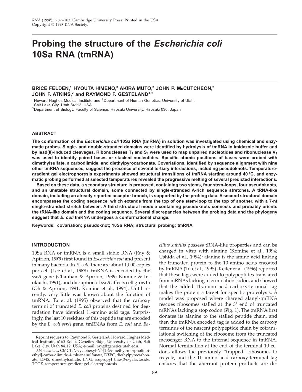 Probing the Structure of the Escherichia Coli 10Sa RNA (Tmrna)