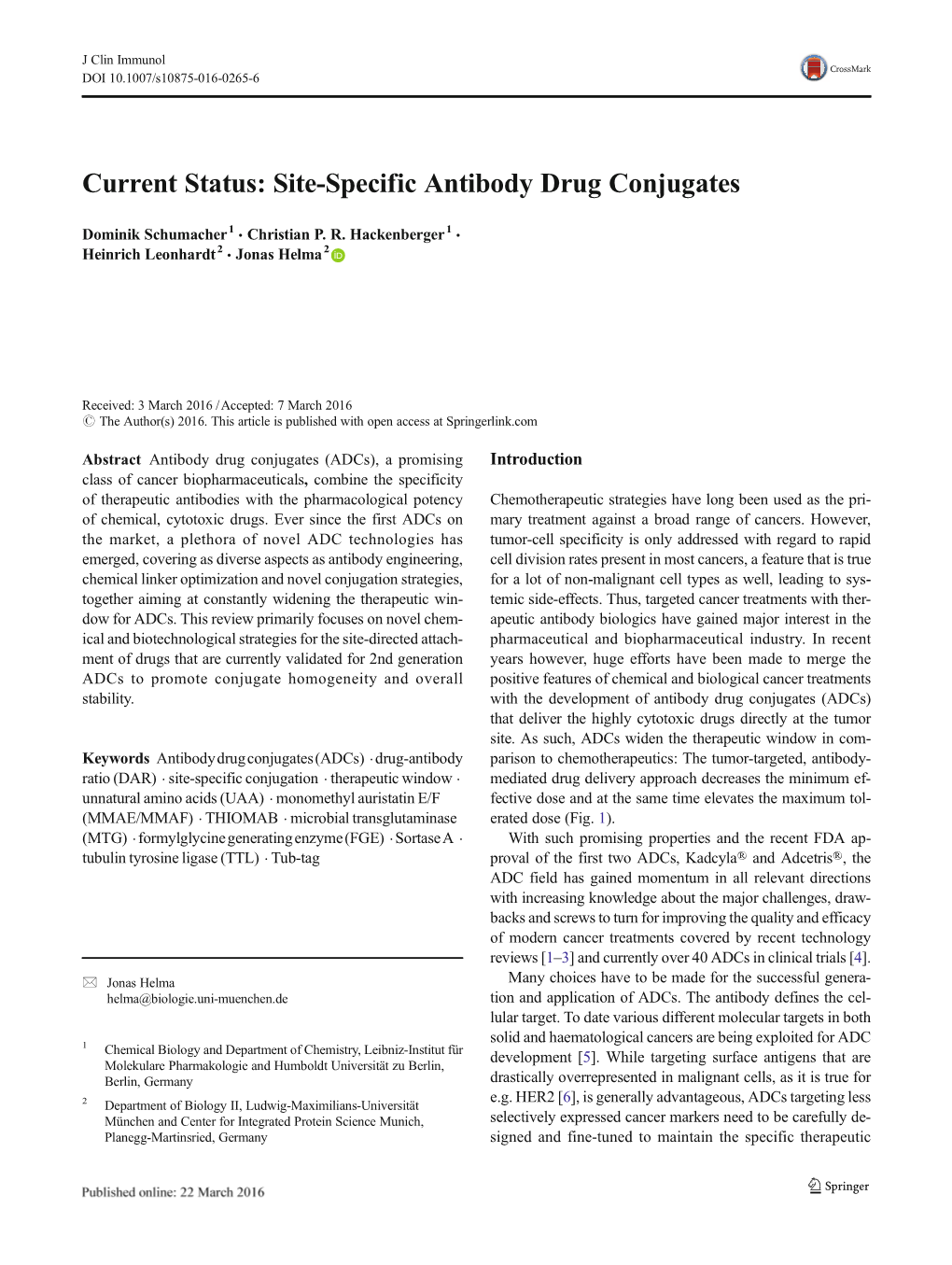 Current Status: Site-Specific Antibody Drug Conjugates