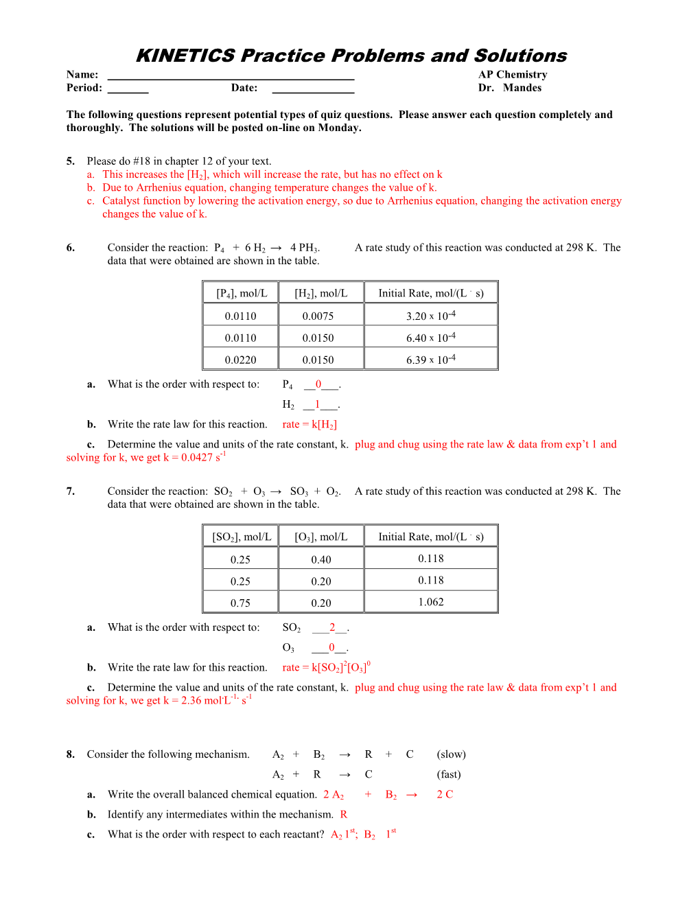 KINETICS Practice Problems and Solutions Name: AP Chemistry Period: Date: Dr