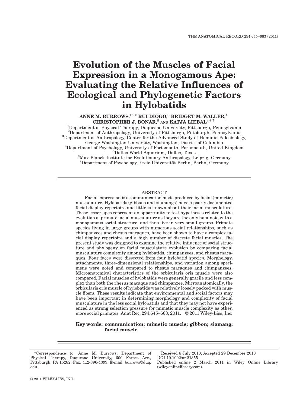 Evolution of the Muscles of Facial Expression in a Monogamous Ape: Evaluating the Relative Influences of Ecological and Phylogenetic Factors in Hylobatids