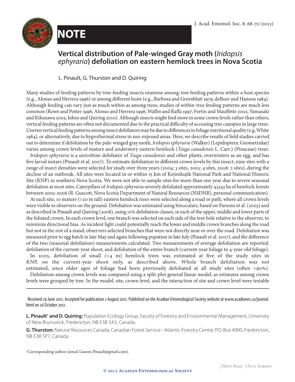 Vertical Distribution of Pale-Winged Gray Moth (Iridopsis Ephyraria) Defoliation on Eastern Hemlock Trees in Nova Scotia