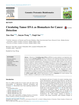 Circulating Tumor DNA As Biomarkers for Cancer Detection