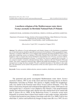 A Northern Refugium of the Mediterranean Water Shrew Neomys Anomalus in Słowiński National Park (N Poland)