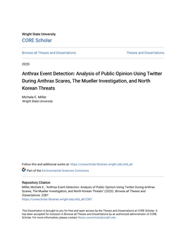 Anthrax Event Detection: Analysis of Public Opinion Using Twitter During Anthrax Scares, the Mueller Investigation, and North Korean Threats