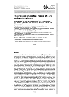 The Magnesium Isotope Record of Cave Carbonate Archives