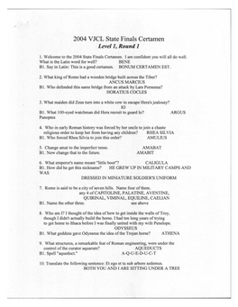 2004 VJCL State Finals Certamen Level 1, Round 1