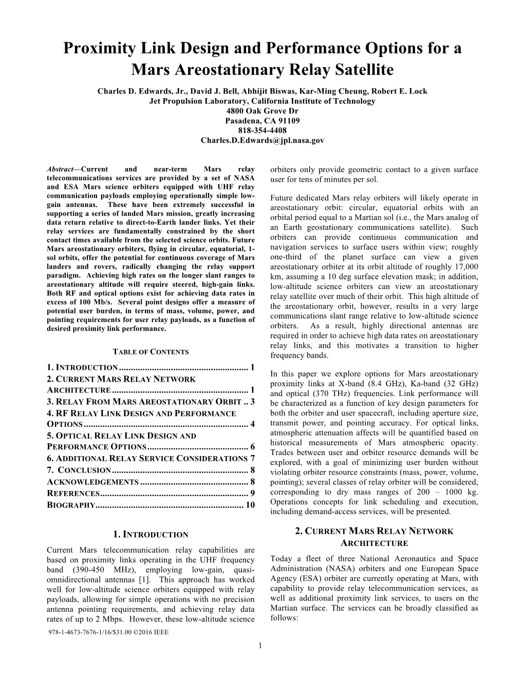 Proximity Link Design and Performance Options for a Mars Areostationary Relay Satellite