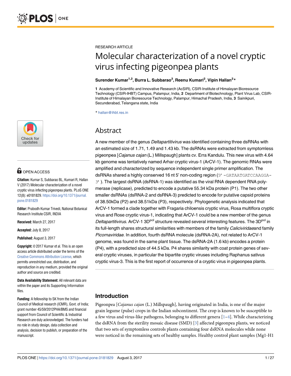 Molecular Characterization of a Novel Cryptic Virus Infecting Pigeonpea Plants