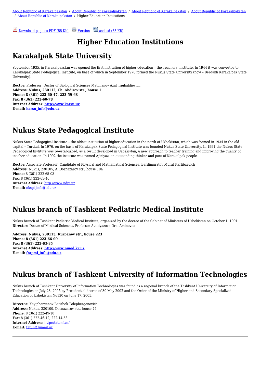 Higher Education Institutions Karakalpak State University Nukus