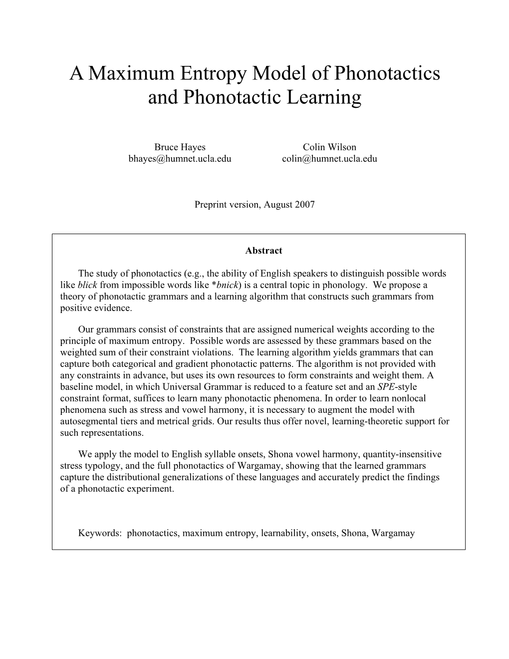 A Maximum Entropy Model of Phonotactics and Phonotactic Learning