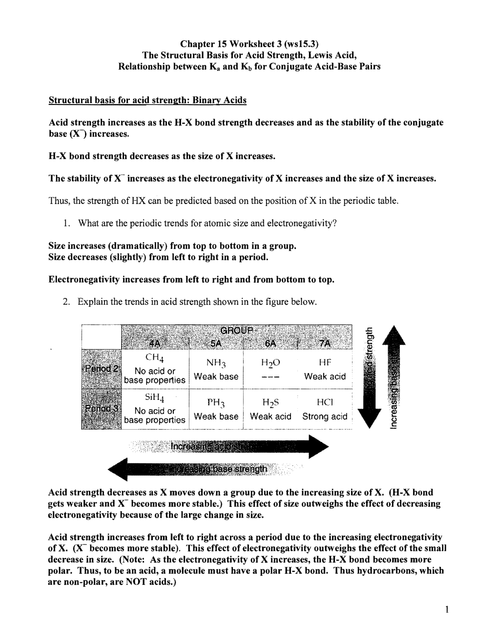 Chapter 15 Worksheet 3 (Wsi5.3) the Structural Basis for Acid Strength, Lewis Acid, Relationship Between Ka and Kb for Conjugate Acid-Base Pairs