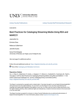 Best Practices for Cataloging Streaming Media Using RDA and MARC21