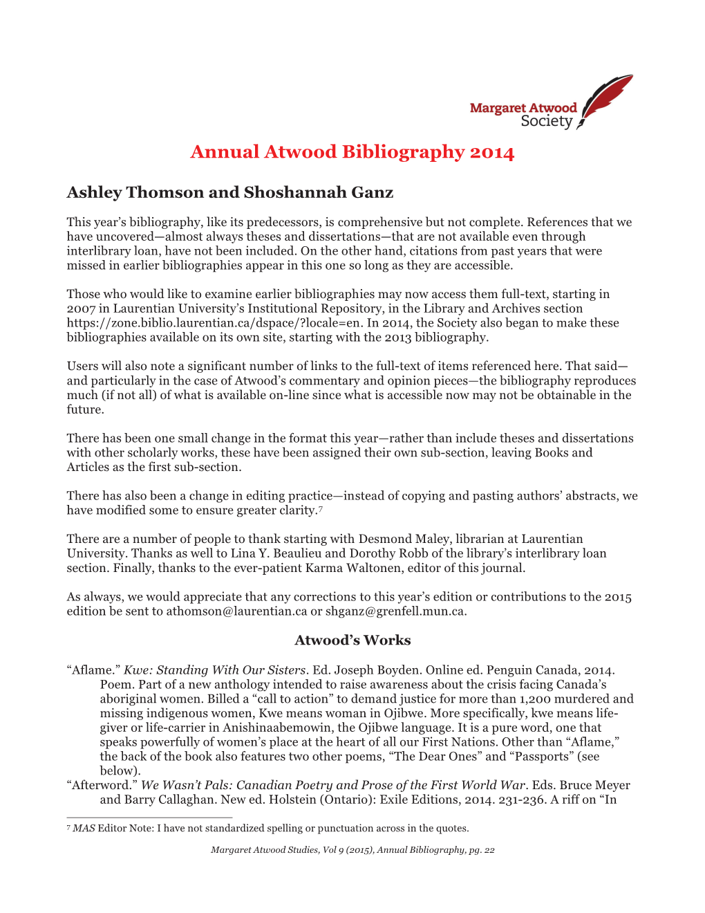 Annual Atwood Bibliography 2014