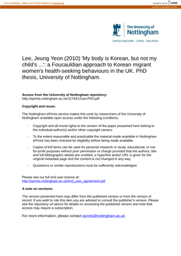 Lee, Jeung Yeon (2010) 'My Body Is Korean, but Not My Child's ...': a Foucauldian Approach to Korean Migrant Women's Health-Seeking Behaviours in the UK