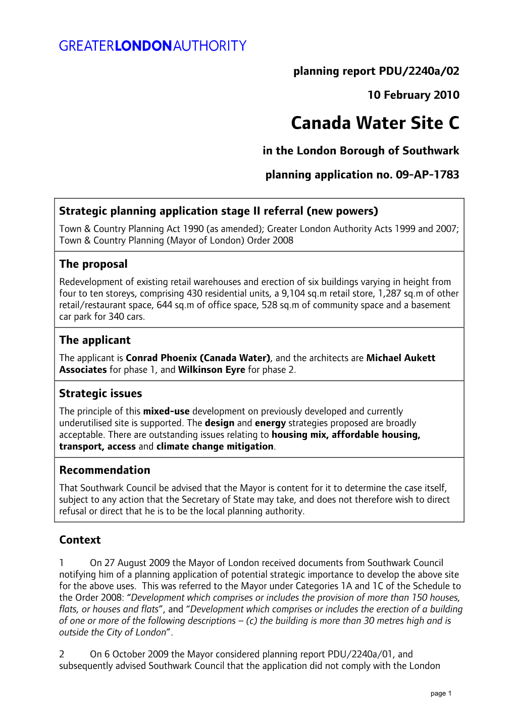 Canada Water Site C in the London Borough of Southwark Planning Application No