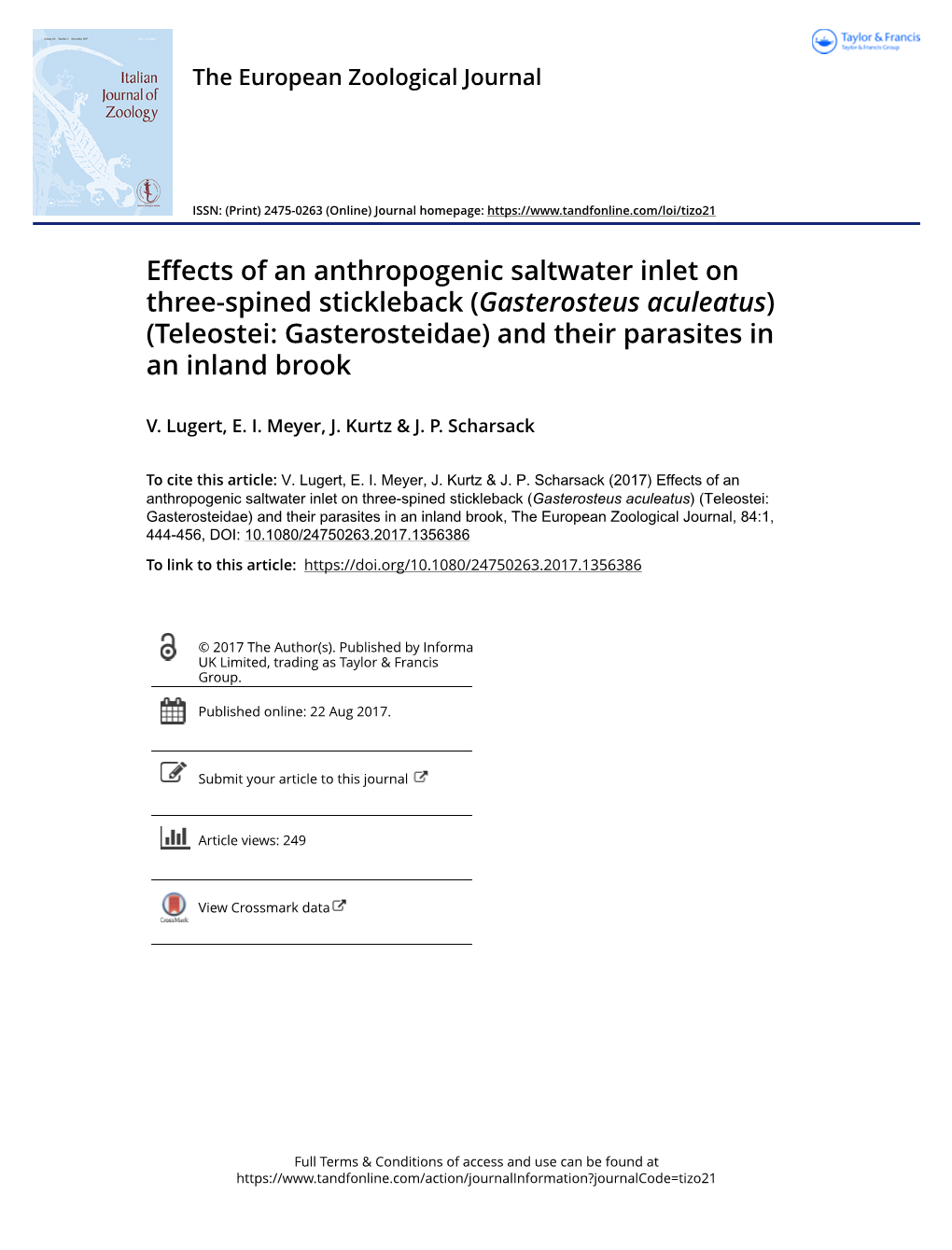 Gasterosteus Aculeatus) (Teleostei: Gasterosteidae) and Their Parasites in an Inland Brook