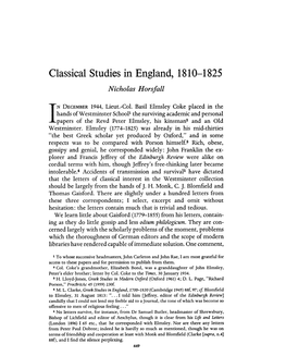 Classical Studies in England, 1810-1825 Horsfall, Nicholas Greek, Roman and Byzantine Studies; Winter 1974; 15, 4; Proquest Pg